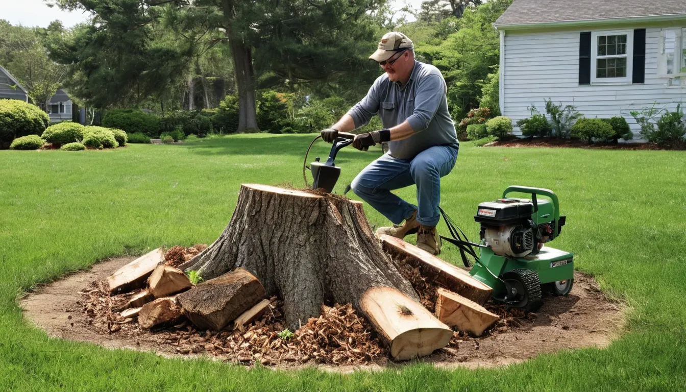 Stump grinder cutting an old tree stump in a residential Hartford backyard near an older home